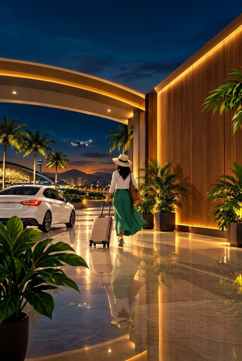 Go near, go far, go easy — a traveller with a suitcase walks toward a parked cab at the airport entrance. Transparent fares, reliable drivers, easy booking.