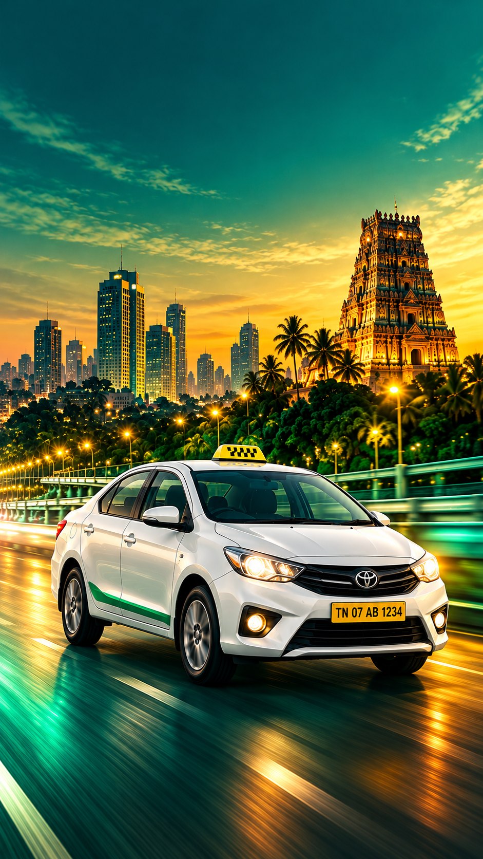 A white Volt Cabs taxi on a wet highway at dusk, an illuminated temple tower glowing beside the city skyline