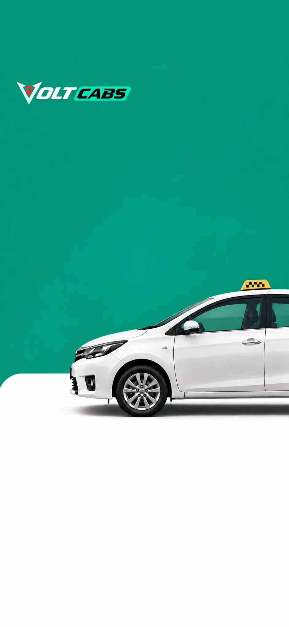 A white Volt Cabs taxi ready on a clean green backdrop