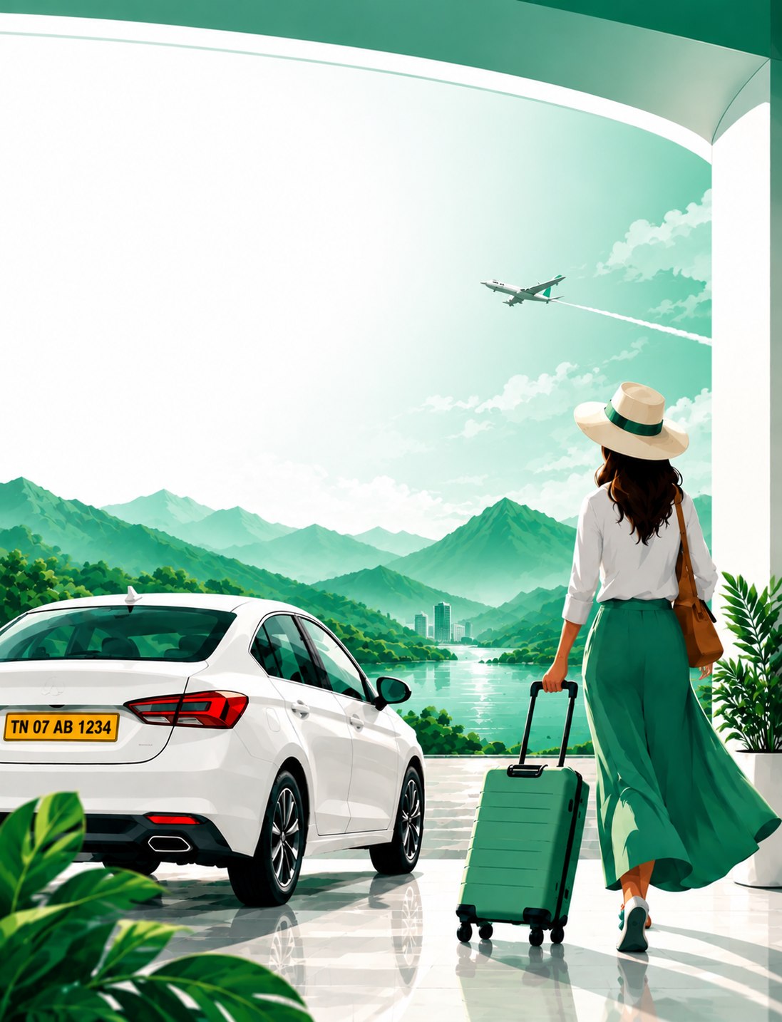 A traveller with a green suitcase walking towards a white Volt Cabs cab outside an airport, with green hills, a lake and a plane overhead